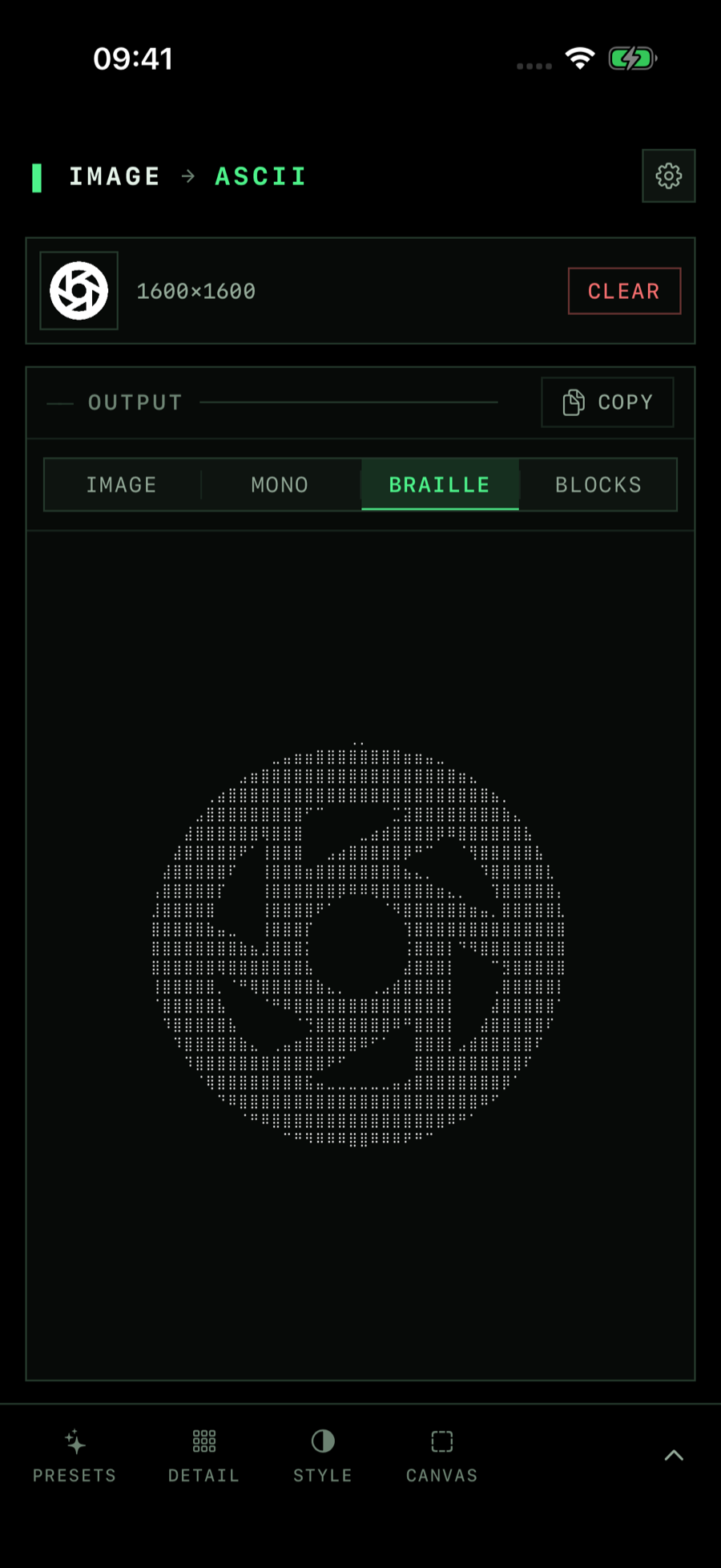 The Braille style selected, showing a camera aperture symbol drawn in braille dot characters, with a Copy button to copy it as text.
