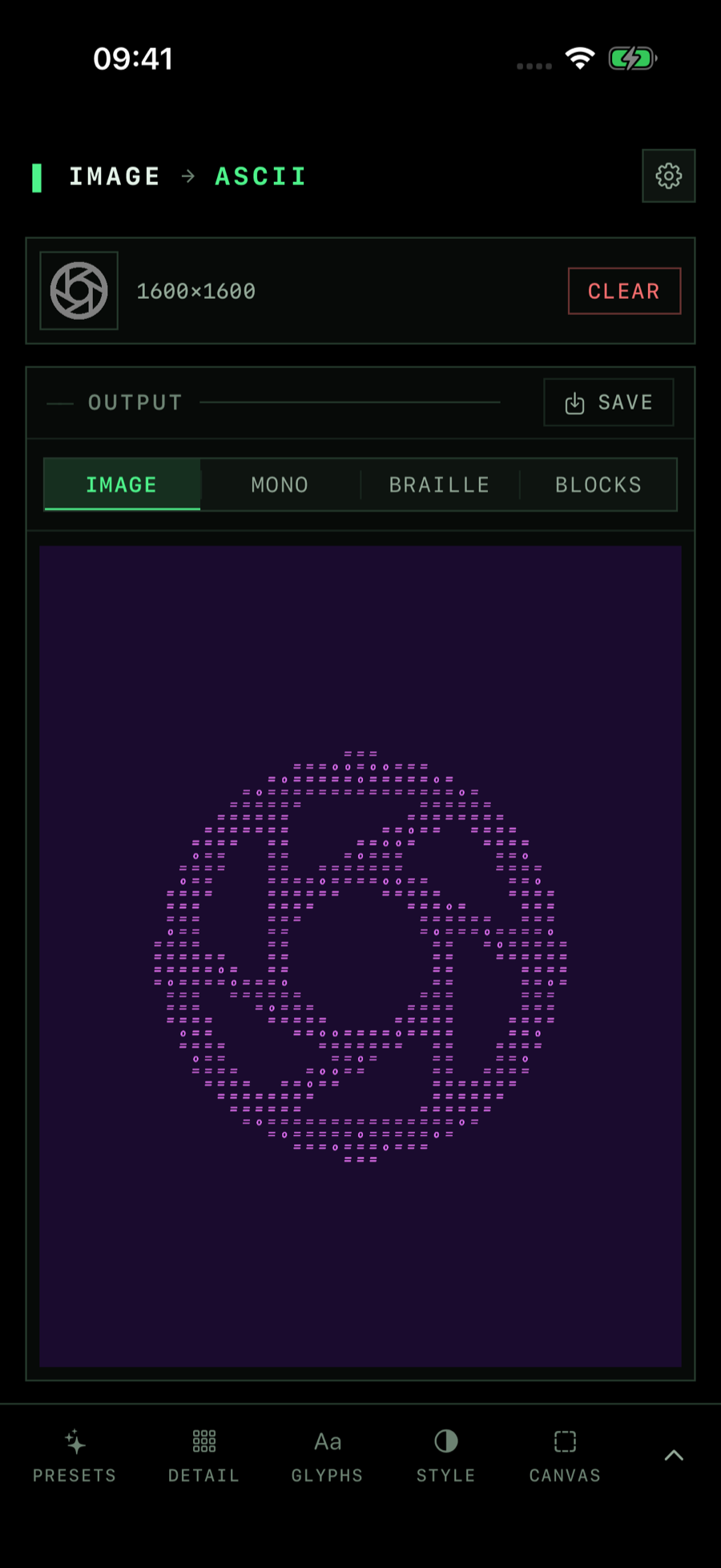 The Image ASCII home screen with the Image style selected, showing a camera aperture symbol drawn in pink ASCII characters on a dark purple background in the Vaporwave look.