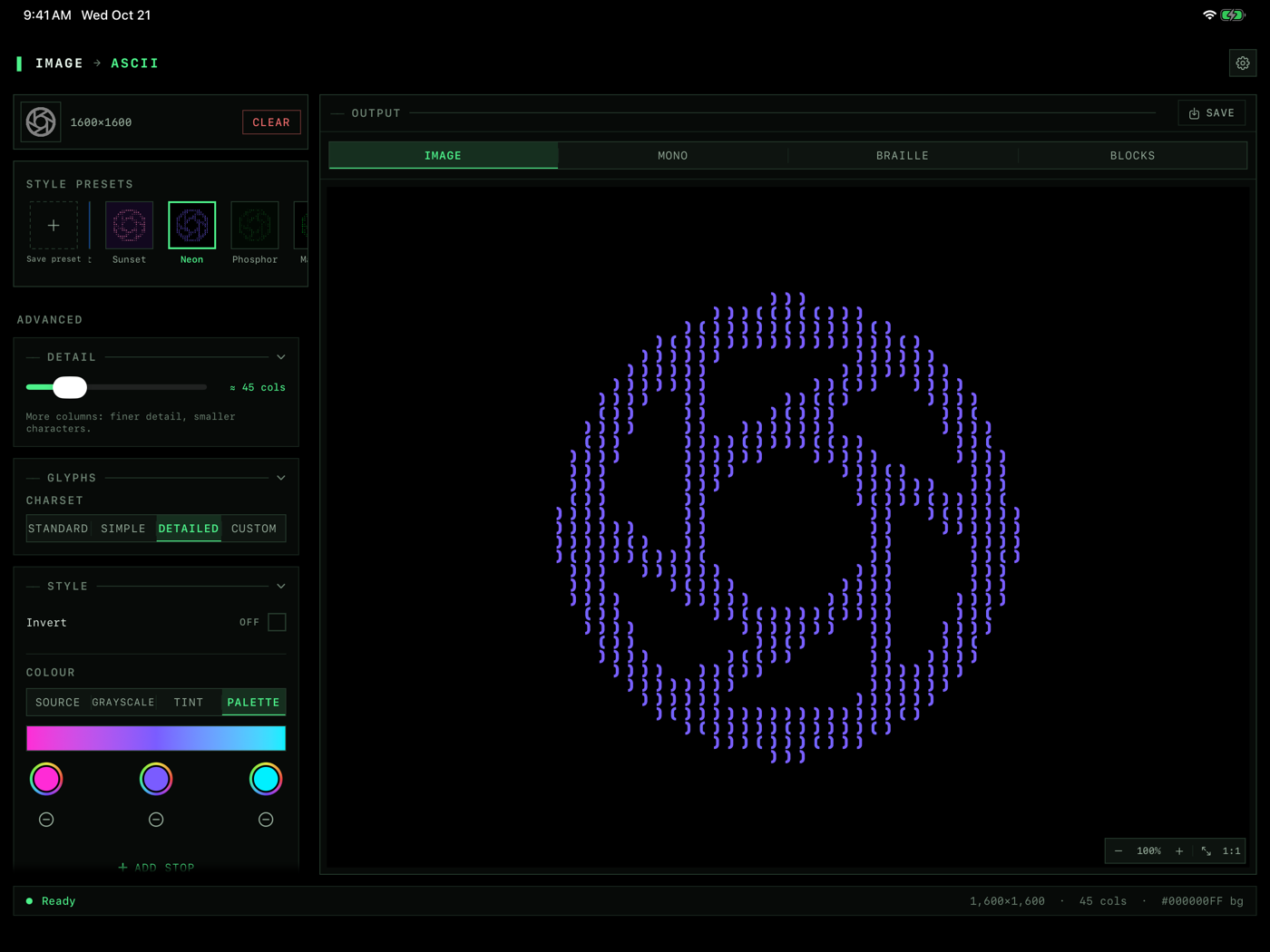 The Image ASCII iPad app in landscape, with the same sidebar controls and the aperture symbol drawn in violet Neon characters.
