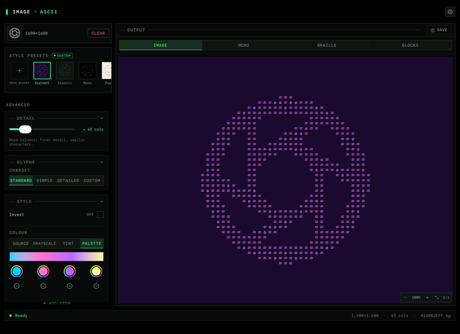 The Image ASCII Mac app on a MacBook, with style presets, detail, glyph and colour controls in a sidebar beside the output, showing a camera aperture symbol drawn in pink ASCII characters on a dark purple background in the Vaporwave look.