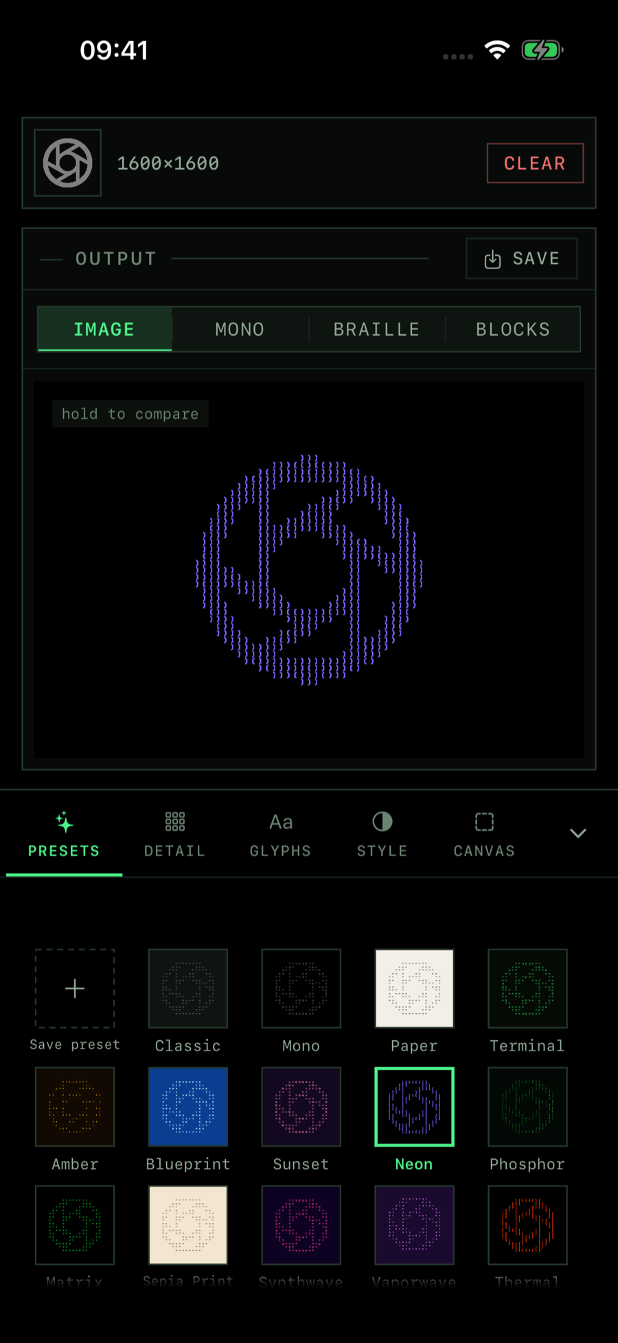 The Presets tab open below the output, a grid of preset looks such as Classic, Paper, Amber and Synthwave with Neon selected, and the aperture symbol above drawn in violet Neon characters.
