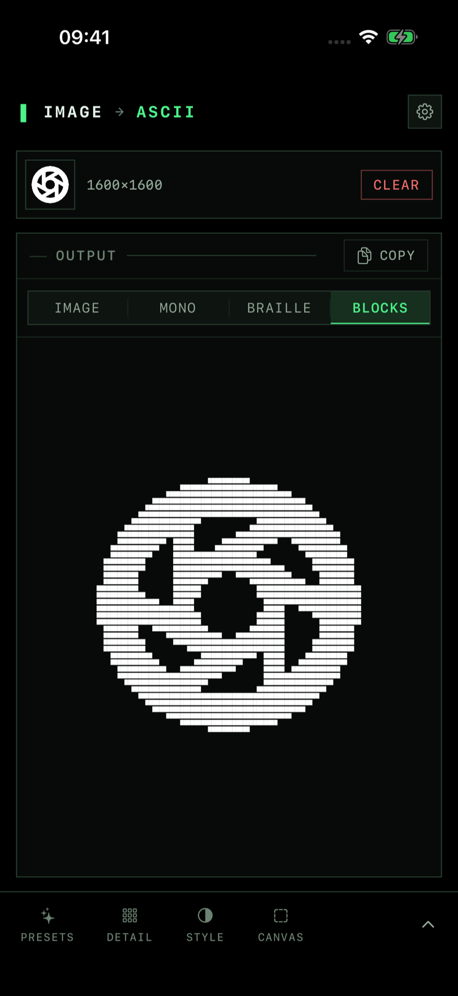 The output style tabs, Image, Mono, Braille and Blocks, with Blocks selected and a camera aperture symbol drawn in white block characters, next to a Copy button.